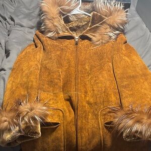 Women's Tan Leather Jacket with Faux Fur Trim